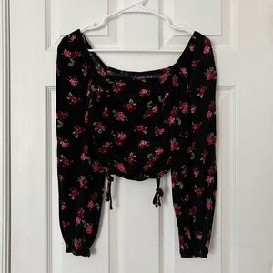 Black Floral Long Sleeve Crop Top